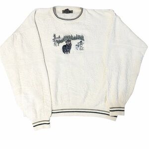 Vintage Cedar Falls XL Sweater Wolf Embroidery Cream Textured Knit Wildlife USA